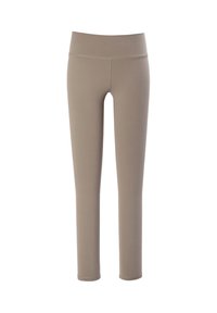 Beige leggings laget av stretchy stoff. De har en høy midje og en glatt tekstur uten synlige mønstre eller dekorasjoner.