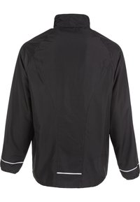 Veste noire à manches longues avec col montant, poignets élastiques et bandes réfléchissantes sur les manches et le bas du dos, vue de dos.