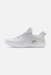 Hellgraue Under Armour leichte Sportsneaker mit gestricktem Obermaterial, Schnürverschluss, gepolsterter Sohle und Ziehschlaufe an der Ferse.