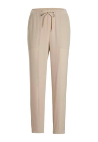 Beige joggingsbroeken met een elastische tailleband en trekkoord, voorzien van zijzakken en verticale stikdetails. Glad stofmateriaal.