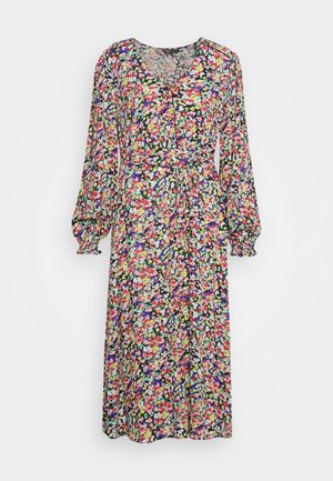 Vestido maxi floral con mangas largas y abullonadas, escote en forma de V y cintura con cordón. Presenta pequeñas flores multicolores sobre un fondo negro.