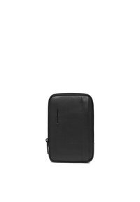 Borsa nera in pelle con cerniera, dalla texture liscia, forma rettangolare, dettaglio tasca frontale e sottili cuciture a contrasto. Design compatto e minimalista.