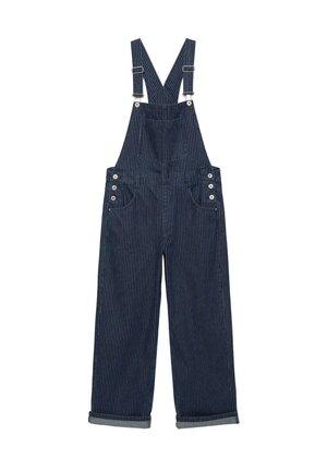 Tmavomodré denimové nohavice na traky s jemnými prúžkami, nastaviteľnými ramennými popruhmi, predným vreckom na náprsníku, bočnými gombíkmi a širokými nohavicami so zahnutými lemami.