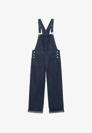 Marineblaue Denim-Latzhose mit Nadelstreifen, verstellbaren Schulterriemen, vorderer Latztasche, Seitennöpfen und weißen, weiten Beinen mit Umschlag.