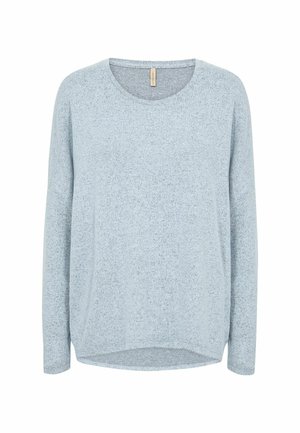 Jasnoniebieska koszula z długim rękawem wykonana z miękkiego materiału, z okrągłym dekoltem, subtelnym melanżowym wzorem i luźnym krojem z bocznymi rozcięciami.