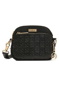 Borsa a tracolla nera con motivo geometrico embossato, hardware dorato, chiusura con zip e etichetta con logo. Include cinturino regolabile.