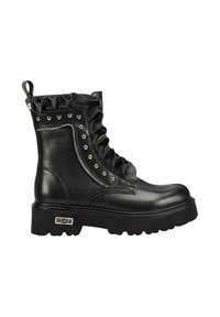 Stivaletto in pelle nera con colletto arricciato, borchie argentate, dettaglio con cerniera laterale e suola spessa e testurizzata. Presenta il logo del marchio sul tallone.