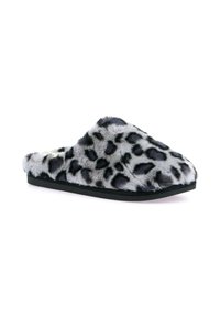 Ciabatte in finta pelliccia con stampa leopardata grigia e nera, design open toe, parte superiore imbottita e suola nera piatta. Texture morbida in tutto.