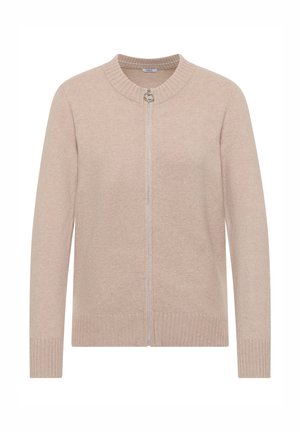 Beige ritssluiting vest gemaakt van zachte brei stof. Heeft een ronde geribbelde halslijn, lange mouwen, en geribbelde boorden en zoom.