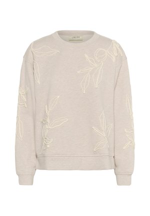 Light beige sweatshirt with floral embroidery in cream, round neckline, long sleeves, and ribbed cuffs. Soft fabric with a relaxed fit.
