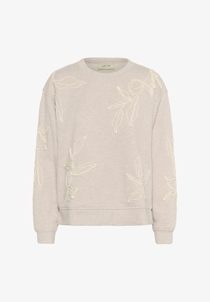 Sweatshirt beige clair avec broderie florale en crème, col rond, manches longues et poignets côtelés. Tissu doux avec une coupe décontractée.