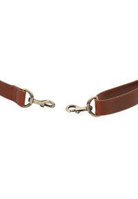 Brown leather strap with antique brass hardware, featuring two swivel clips and smooth texture, designed for durability and functionality.
