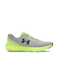 Leichter Laufschuh aus grauem Mesh mit neon-grünen Akzenten. Verfügt über eine strukturierte Außensohle, ein Schnürsystem und ein charakteristisches Logo an der Seite.