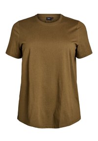Camiseta de algodón marrón con mangas cortas, escote redondo y un ajuste relajado. Presenta una textura suave y un diseño liso sin patrones.