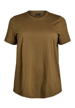 T-shirt in cotone marrone con maniche corte, scollatura rotonda e vestibilità rilassata. Presenta una consistenza liscia e un design semplice senza motivi.