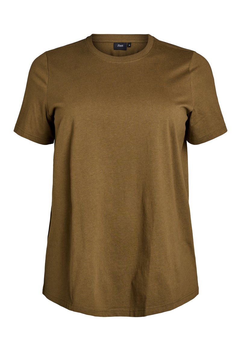 Camiseta de algodón marrón con mangas cortas, escote redondo y un ajuste relajado. Presenta una textura suave y un diseño liso sin patrones.