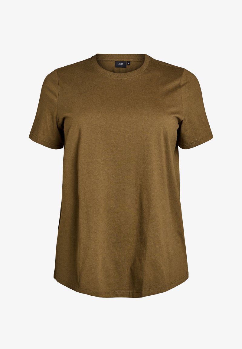 Camiseta de algodón marrón con mangas cortas, escote redondo y un ajuste relajado. Presenta una textura suave y un diseño liso sin patrones.