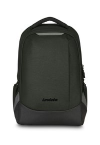 Zaino in tessuto verde scuro con fondo grigio. Presenta una maniglia superiore, tasche laterali con zip e un logo nero sul davanti.