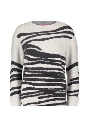 Gebreide trui in lichtgrijs met zwarte zebrapatronen. Kenmerkt zich door een ronde hals en lange mouwen met geribde manchetten. Zachte textuur.