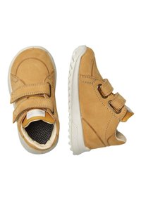 Scarpe in pelle marrone chiaro per bambini con due cinturini in Velcro, suola in gomma bianca e rivestimento interno testurizzato. Punta arrotondata e dettagli di cuciture rinforzate.