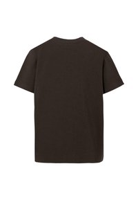 Gładka, ciemnobrązowa, krótko rękawowa koszulka pokazana z tyłu na białym tle.