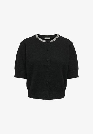 Zwarte korte mouw cardigan gemaakt van textuur gebreid materiaal. Heeft een ronde halslijn met decoratieve zilveren versieringen en knopen aan de voorkant.