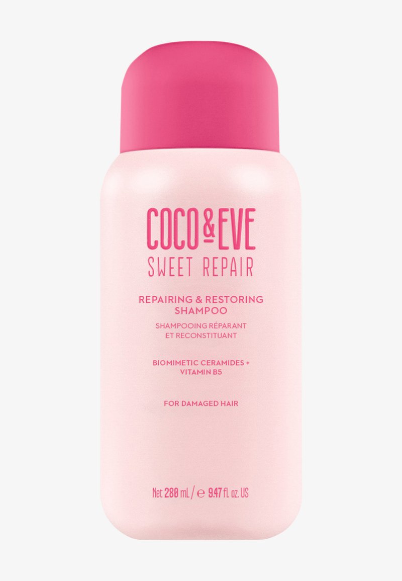 Coco & Eve Sweet Repair shampoo fles, 280 mL, roze plastic met een ronde bovenkant, voorzien van vetgedrukte roze tekst op een matte oppervlakte.