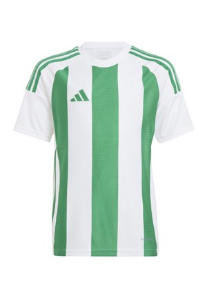Groen en wit gestreepte Adidas-jersey met korte mouwen, met een mesh-structuur, drie groene strepen op de schouders en een logo op de borst.