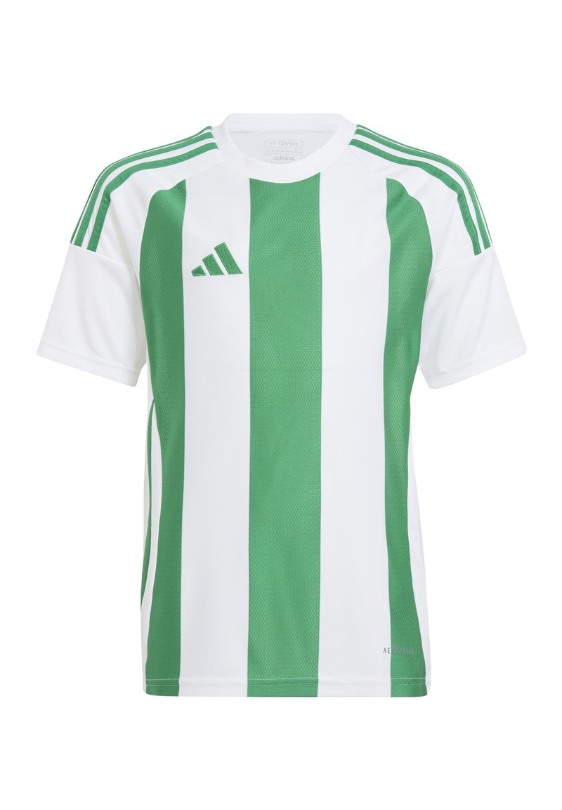 Maglia Adidas a righe verdi e bianche con maniche corte, caratterizzata da una texture a rete, tre strisce verdi sulle spalle e logo sul petto.