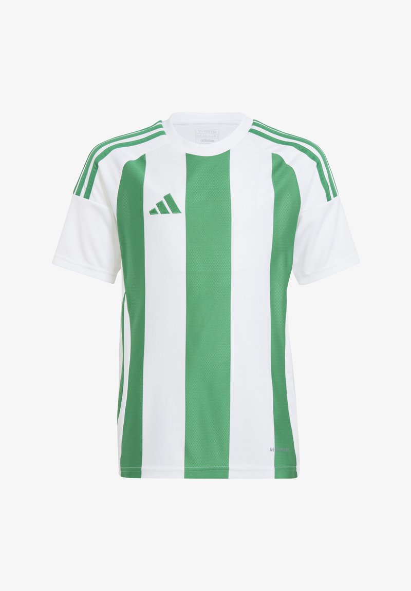 Grün-weiß gestreiftes Adidas-Trikot mit kurzen Ärmeln, das eine Mesh-Optik aufweist, drei grüne Streifen an den Schultern und ein Logo auf der Brust.