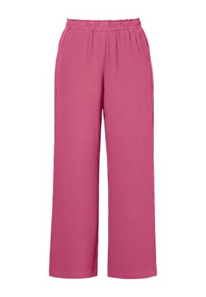 Rosa bukser med vide ben og elastik i taljen, lavet af tekstureret stof, vist mod en hvid baggrund.