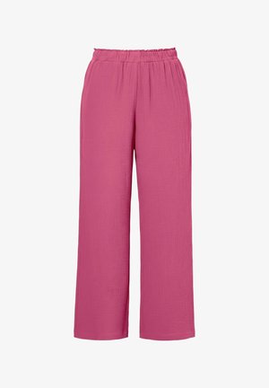 Pantalon rose à jambes larges avec ceinture élastique, en tissu texturé, présenté sur un fond blanc.