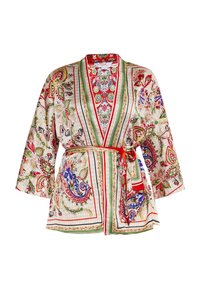 Lilledes musteriga kimono, millel on vöökoht, sisaldab elavaid punaseid, rohelisi ja siniseid toone heleda tausta taustal ning kolmandiku pikkusega varrukad.