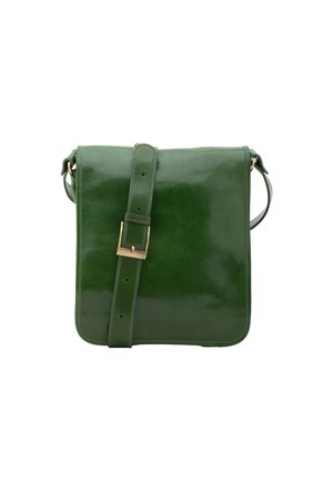 Grüne Leder-Umhängetasche mit glänzender Oberfläche, ausgestattet mit einem breiten, verstellbaren Schulterriemen, rechteckiger Form und goldenen Metallbeschlägen.