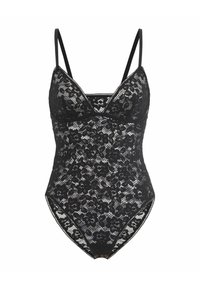 Svart blommönstrad spetsbodysuit med justerbara tunna axelband och tryckknappsstängning vid grenen.