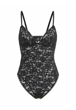 Svart blommönstrad spetsbodysuit med justerbara tunna axelband och tryckknappsstängning vid grenen.