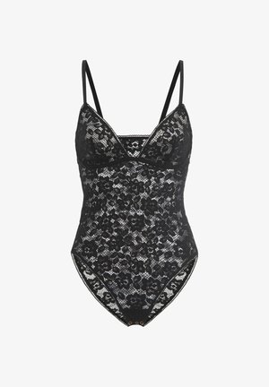 Svart blommönstrad spetsbodysuit med justerbara tunna axelband och tryckknappsstängning vid grenen.