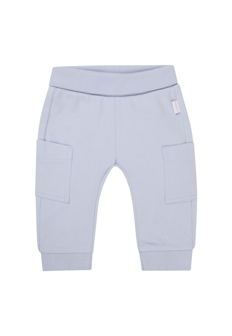 Lichtblauwe katoenen broek met een geribde tailleband, twee zijvakken en aangesloten enkels. Gladde textuur met stikdetails.