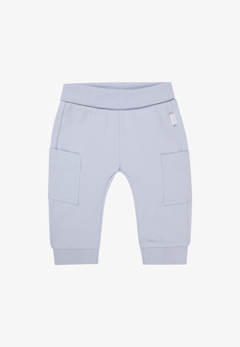 Helle blaue Baumwollhosen mit einem gerippten Bund, zwei seitlichen Cargo-Taschen und gepufften Knöcheln. Glatte Oberfläche mit genähten Details.