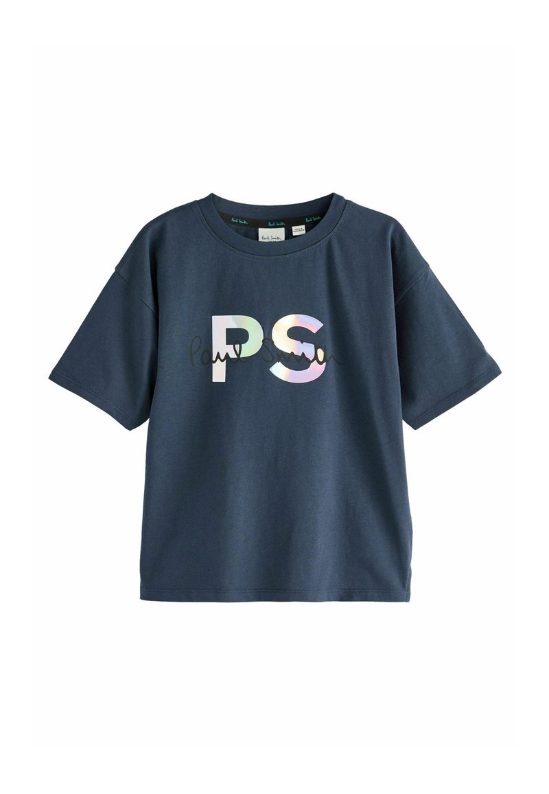 Tamsiai mėlynas medvilninis trumpašie jimis marškinėliai su trumpomis rankovėmis, su spalvingu „PS“ logotipu ir ranka rašyta „Paul Smith“ tekstu kontrastingame dizaine.