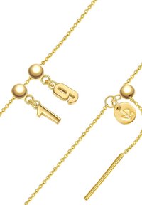 Auksinis karoliai su subtilia grandinėle, dviem kabančiais pakabukais, kurie suformuoti numeriais 1 ir 6, bei apvaliu pakabuku su lapo raštu.