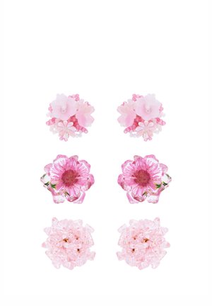 Three pairs of pink floral earrings with different designs arranged in three rows on a white background.