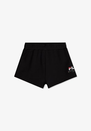 Shorts de sport noirs avec ceinture élastique et petit logo FILA en blanc et rouge sur la partie inférieure de la jambe gauche.