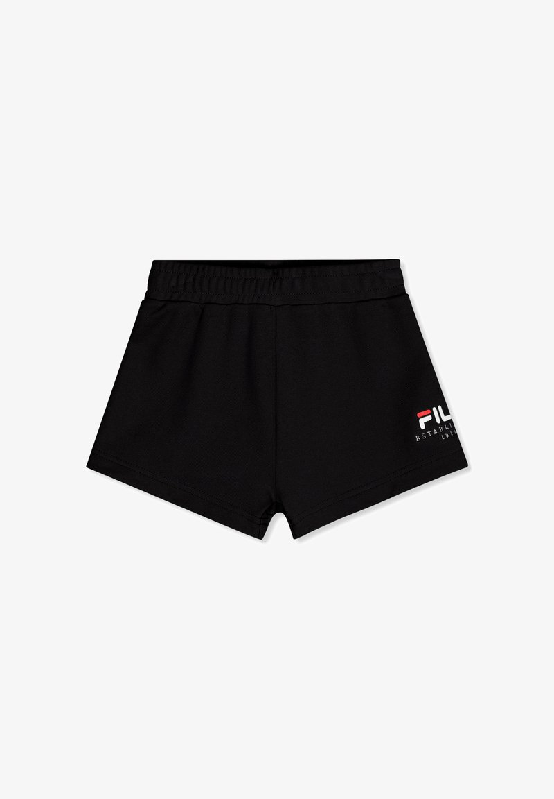 Shorts de sport noirs avec ceinture élastique et petit logo FILA en blanc et rouge sur la partie inférieure de la jambe gauche.