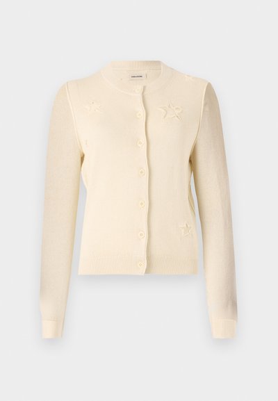 Kreem värvi kardigan ümmarguse kaelusega, nööbiga kinnitamine ja ees tähtede mustrid. Valmistatud pehmest kudumist kangast, millel on soonikkoes mansetid.