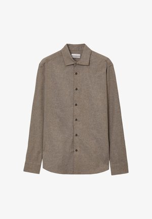 Braun langärmliges Hemd mit Knöpfen und klassischem Kragen, sichtbaren Knöpfen auf der Vorderseite und einem Stofflabel im Kragen.