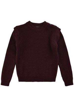 Ciemnofioletowy dziergany sweter z długim rękawem, z prążkowaną fakturą, okrągłym dekoltem i dwoma guzikami na lewym ramieniu.