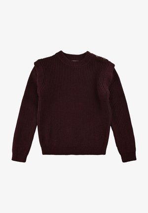 Pull tricoté violet foncé à manches longues avec texture côtelée, col rond et deux boutons sur l'épaule gauche.