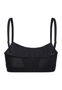Bralette nera con spalline regolabili, materiale liscia, dettaglio con logo e design minimalista. Caratterizzata da una forma semplice e moderna.