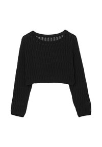 Schwarzer, kurz geschnittener Pullover mit einem strukturierten Lochstrickdesign, langen Ärmeln und weitem Ausschnitt. Leichtes und atmungsaktives Material.